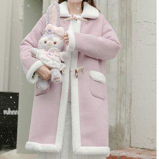Furry Trim Fleece-lined Toggle Jacket Purple - One Size