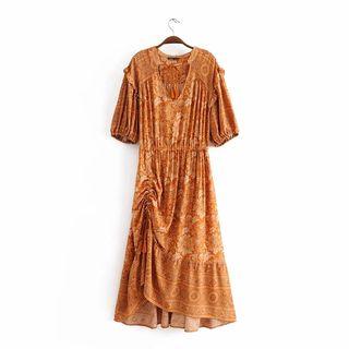 Patterned Short-sleeve Tasseled Midi A-line Dress