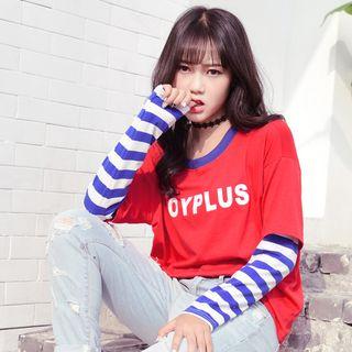 Mock Two-piece Letter Stripe Long-sleeve T-shirt