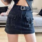 High-waist Belt-accent Pocket Mini Denim Skirt
