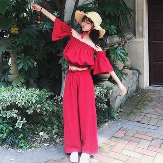 Set: Off-shoulder Short-sleeve Top + High Waist Wide-leg Pants