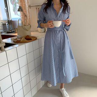 Striped Long Shirtdress & Sash Navy Blue - One Size