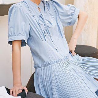 Puff-sleeve Accordion Pleat Mini A-line Dress