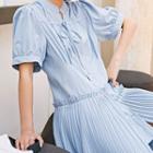 Puff-sleeve Accordion Pleat Mini A-line Dress