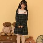 Embroidered Collar Long-sleeve Plaid Dress