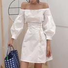 Off-shoulder Lantern-sleeve A-line Dress White - One Size