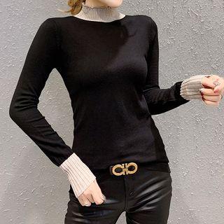 Mock-turtleneck Two-tone Knit Top