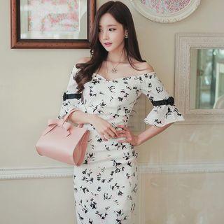 Elbow-sleeve Off Shoulder Patterned Sheath Dress