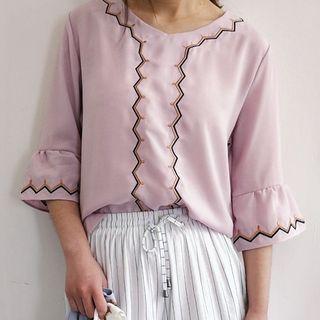 Embroidered Elbow-sleeve V-neck Chiffon Top