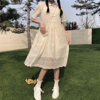 Short-sleeve Lace Frog-buttoned A-line Midi Dress Set Of 2 - One Size