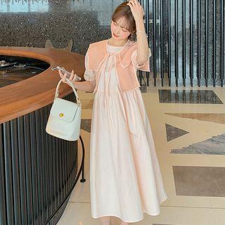 Set: Puff-sleeve Midi A-line Dress + Shawl