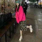 Brushed Loose-fit Pullover / Leopard-print Wool Midi Skirt