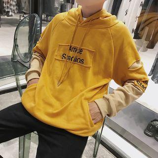 Mock Two-piece Dolman-sleeve Inset Long-sleeved Distressed Lettering Loose-fit Hooded Pullover