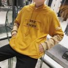 Mock Two-piece Dolman-sleeve Inset Long-sleeved Distressed Lettering Loose-fit Hooded Pullover