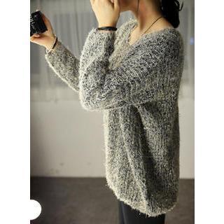 V-neck Furry-knit Sweater