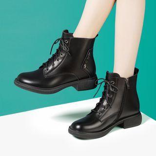 Lettering Lace Up Block Heel Short Boots