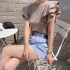 Flutter-sleeve Crop Knit Top