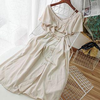 Ruffle Short-sleeve Tie-waist Button Midi A-line Dress