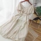 Ruffle Short-sleeve Tie-waist Button Midi A-line Dress