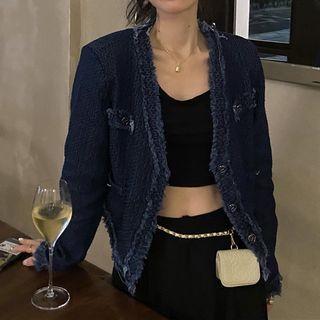 Frayed Long-sleeve Cropped Denim Jacket Blue - One Size