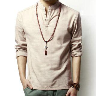 Linen Mandarin Collar Half-placket Shirt