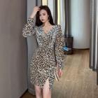V-neck Leopard Print Mini Bodycon Dress