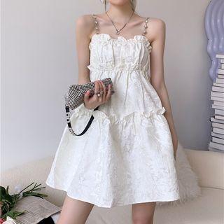 Spaghetti-strap Ruffled Mini A-line Dress White - One Size