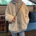 Contrast Trim Fleece Hooded Zip Jacket As Shown In Figure - One Size