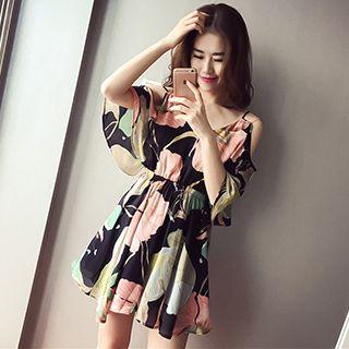 Elbow-sleeve Shoulder Tie Waist Dress