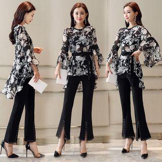 Set: Printed 3/4-sleeve Top + Cropped Boot-cut Pants