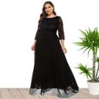 Plus Size Elbow Sleeve Lace Panel Maxi A-line Dress