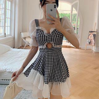 Set: Puff-sleeve Houndstooth Cutout Swimdress + Swim Shorts