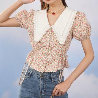Lapel Ruffle Trim Floral Top
