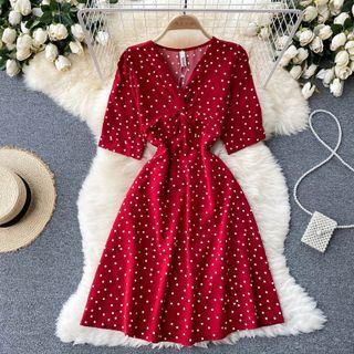V-neck Knotted Dots Short-sleeve Dress