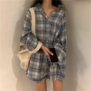 Long Sleeve Plaid Shirt Grayish Blue - One Size