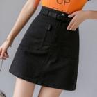 Fitted Belted Denim Mini Skirt