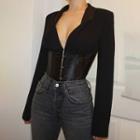 Long Sleeve V-neck Lace-up Back Blouse