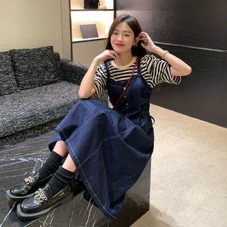 Short-sleeve Striped T-shirt / Denim Overall Dress / Set