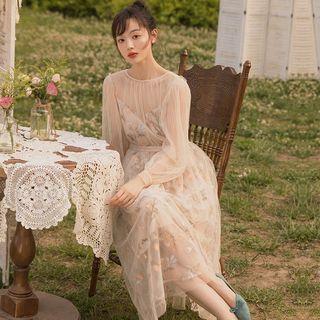 Long-sleeve Flower Embroidery Midi A-line Mesh Dress