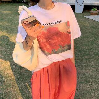 Flower Print Elbow-sleeve T-shirt / Wide-leg Pants