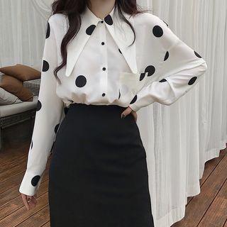 Dotted Shirt / Midi Side-slit Straight-fit Skirt