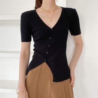 Short-sleeve V-neck Asymmetrical Button-up Knit Top