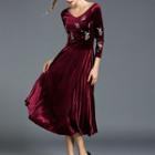 3/4-sleeve Embroidered Velvet A-line Midi Dress