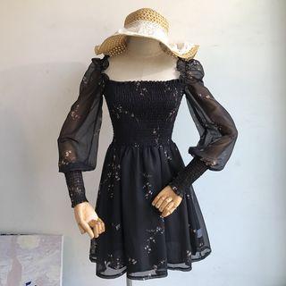 Lantern-sleeve Floral Mini A-line Dress Black - One Size