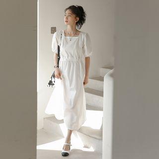 Puff-sleeve Square-neck Midi A-line Dress White - One Size