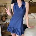 Sleeveless Halter-neck Button-up Denim Mini Dress