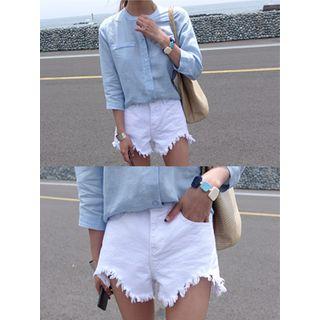 Zip-front Distressed-hem Shorts
