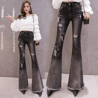 Star Embroidered High-waist Distressed Boot-cut Jeans