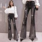 Star Embroidered High-waist Distressed Boot-cut Jeans