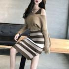 Set: Cropped Sweater + Sleeveless Striped Sheath Knit Dress Camel - One Size